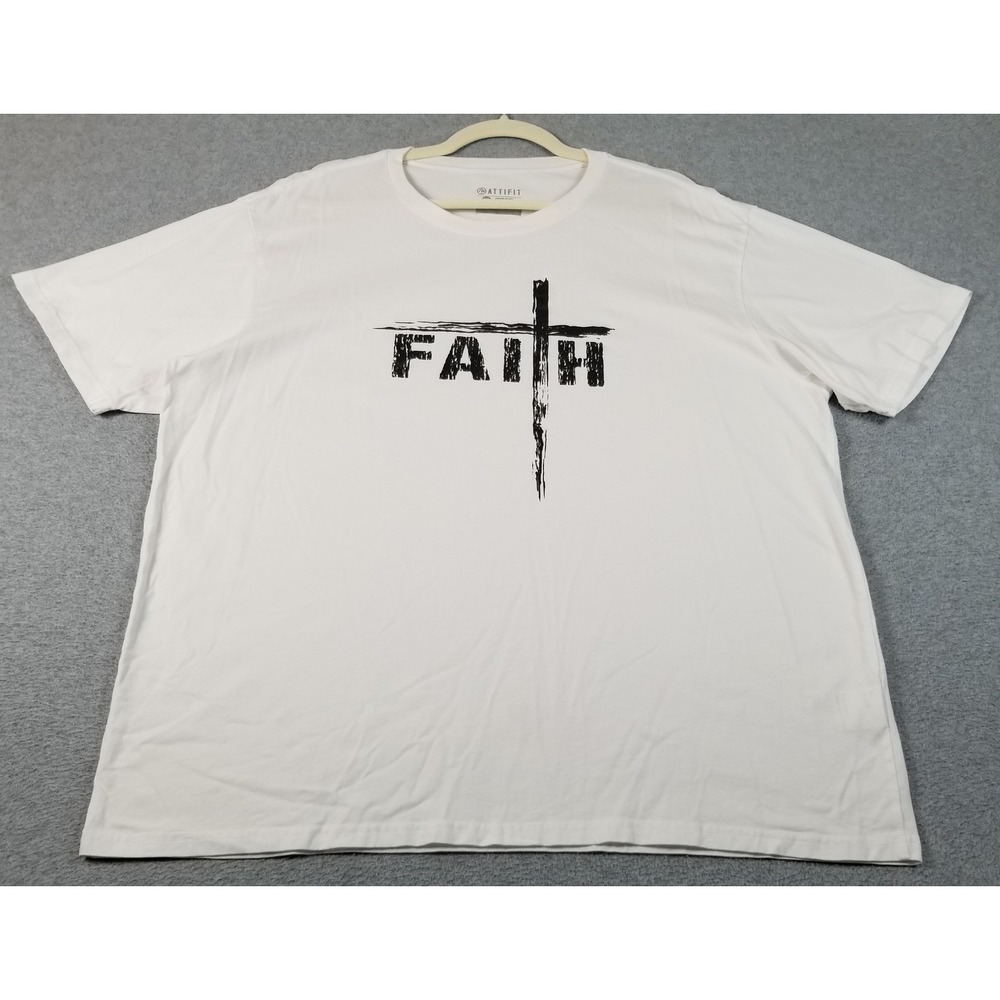 Attifit T-Shirt Mens 3XL XXXL White Black Faith Cross Short Sleeve Religious Tee